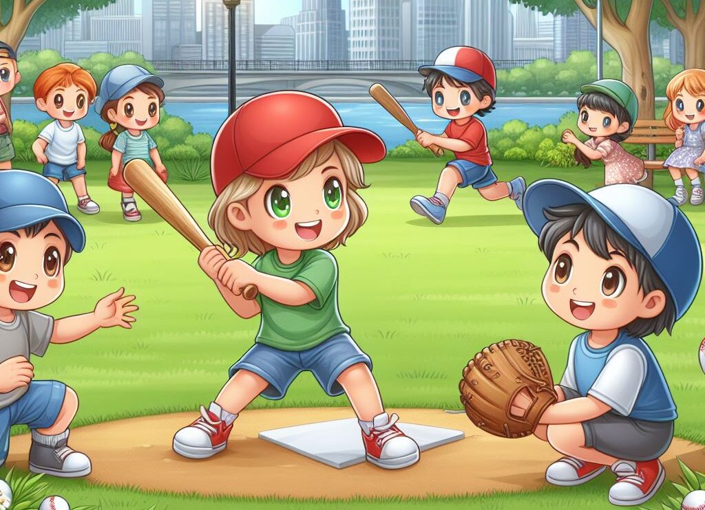公園で野球を楽しむ少年少女